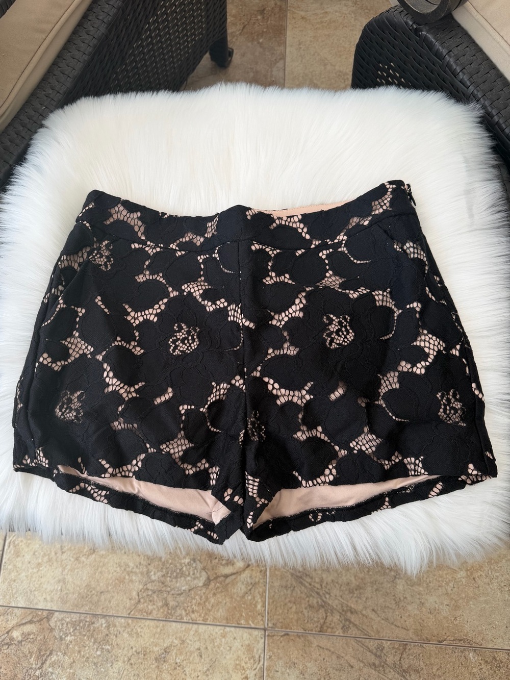 Express Black Lace High-Waist Shorts with Nude Underlay